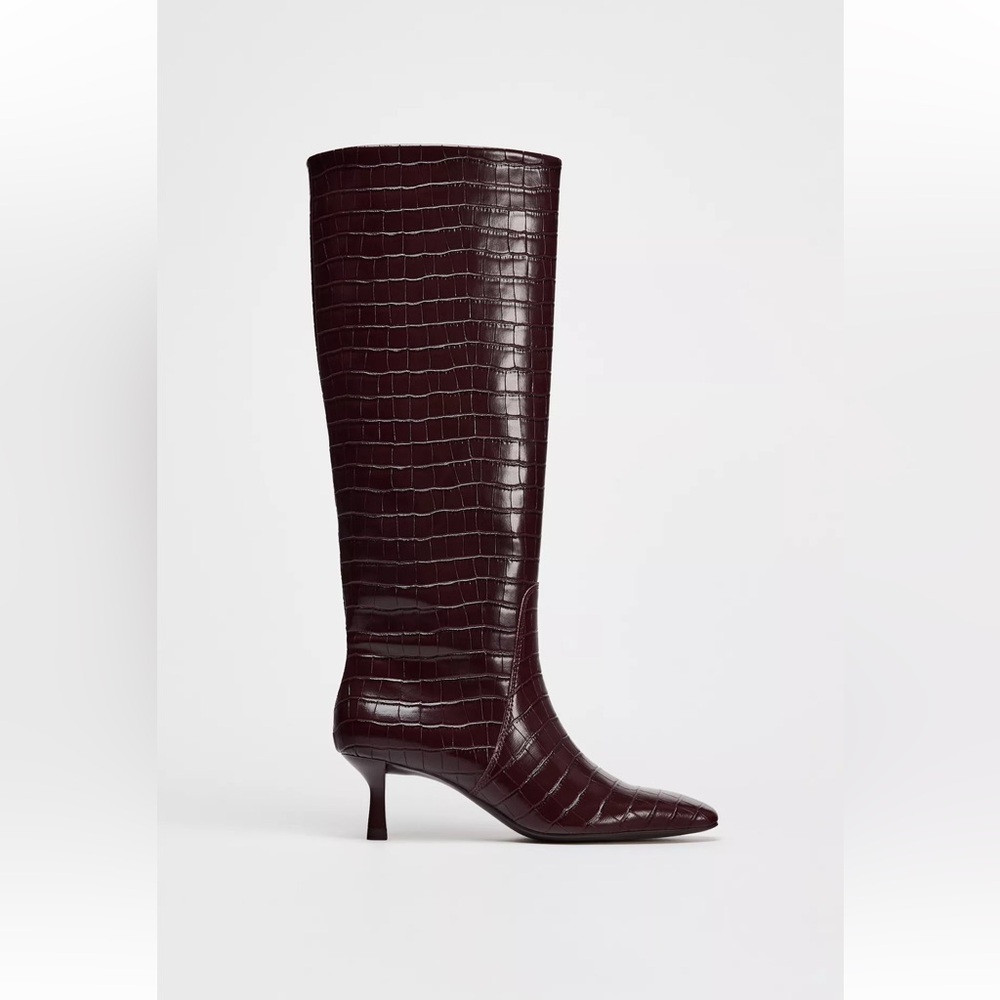 Zara Brown Crocodile Pattern Over-Knee Heeled Boots